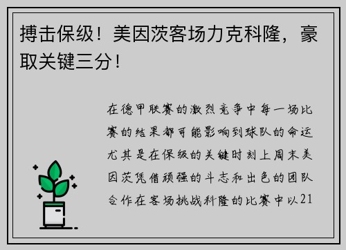 搏击保级！美因茨客场力克科隆，豪取关键三分！